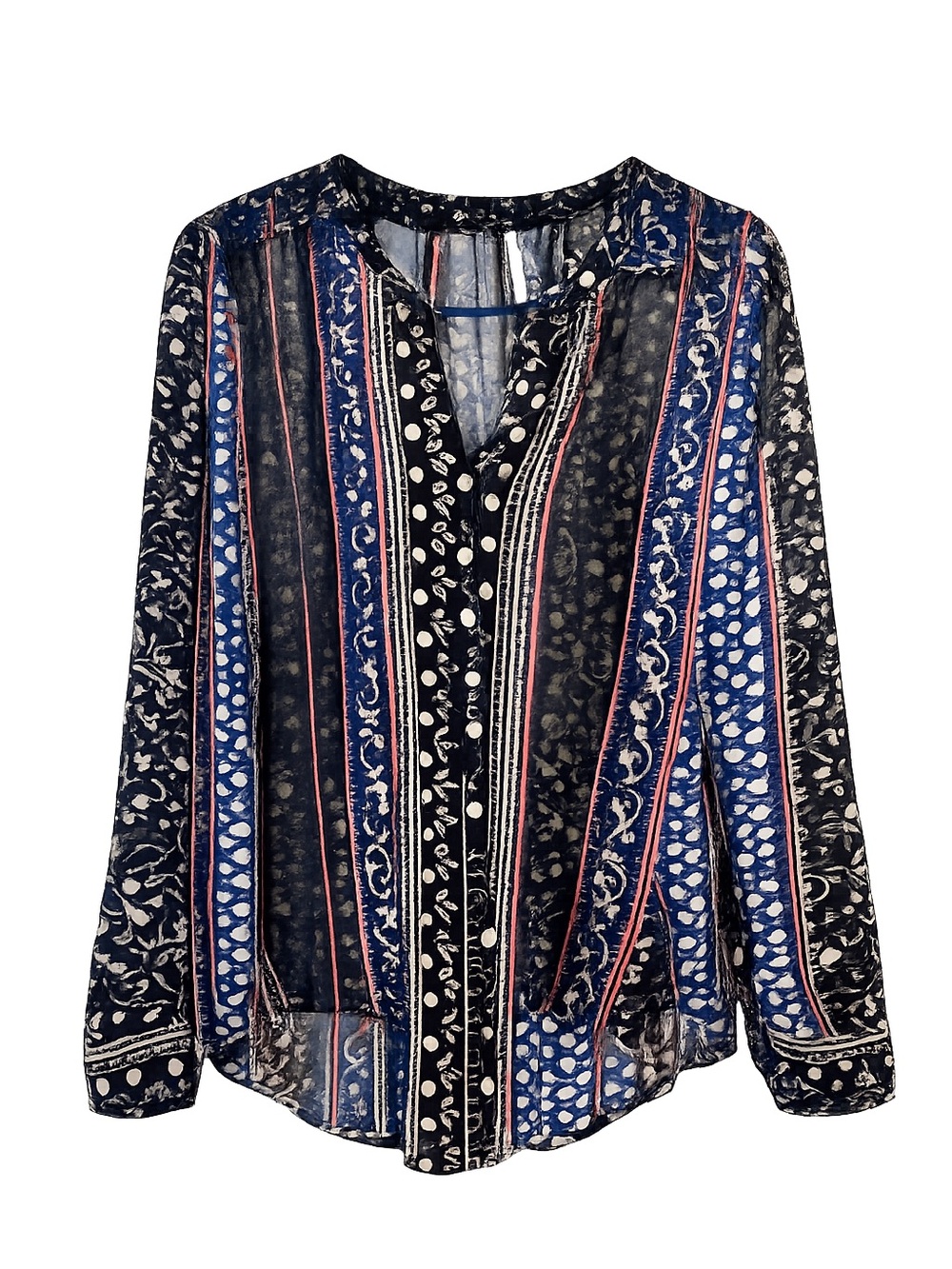 Free People Navy Printed Button-Up Blouse with Red Accents